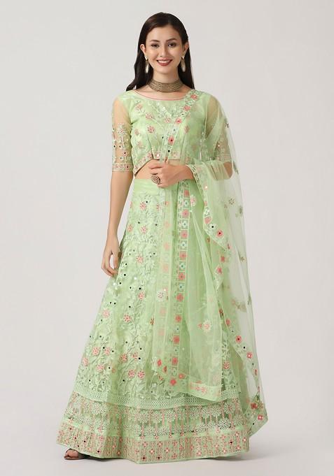 Parrot Green Embroidered Net Lehenga Set