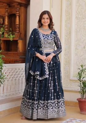 Blue Embroidered Organza Lehenga Set With Dupatta
