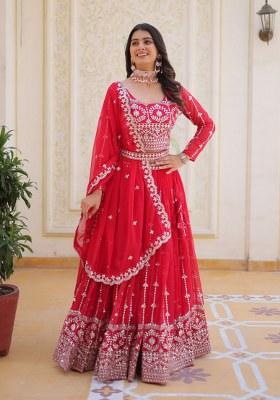 Red Embroidered Organza Lehenga Set With Dupatta