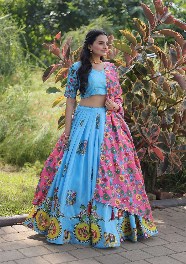 Sky Blue Printed Silk Lehenga Set - Indya