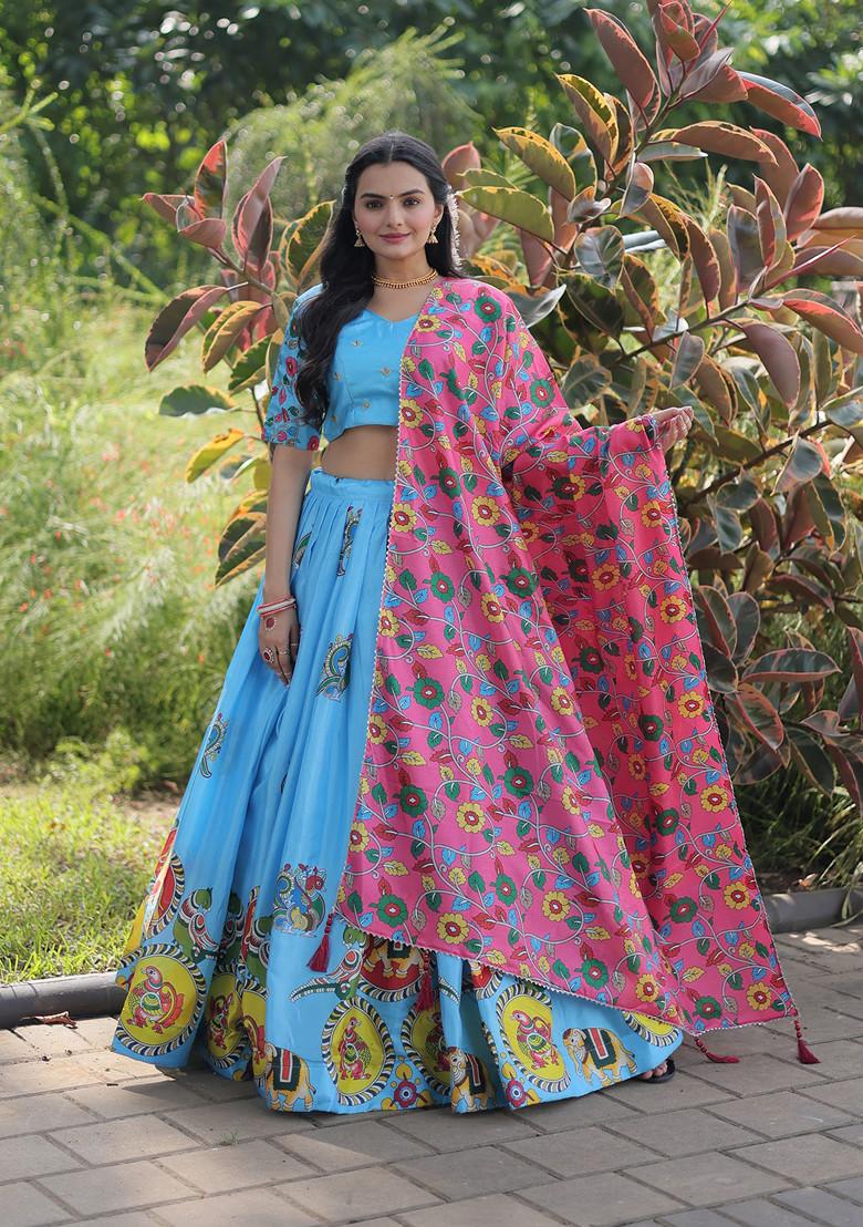 Sky Blue Printed Silk Lehenga Set