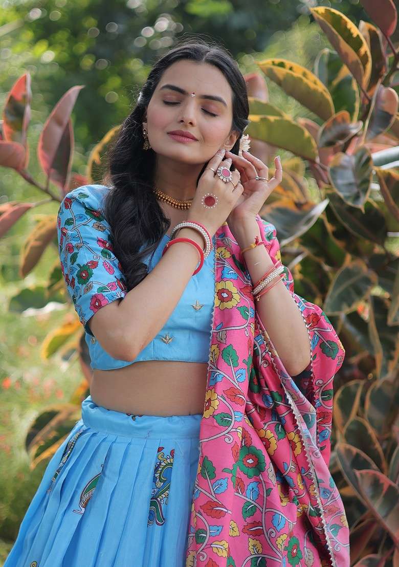 Sky Blue Printed Silk Lehenga Set - Indya
