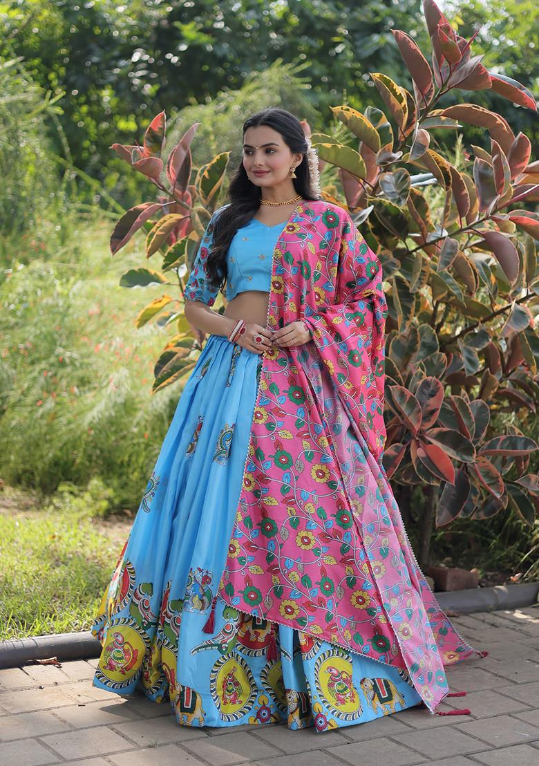 Sky Blue Printed Silk Lehenga Set