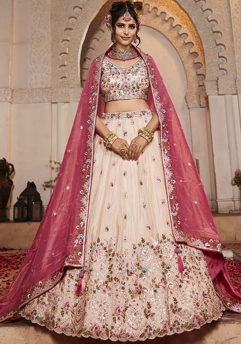 Pink Beads And Stones Tissue Lehenga Set With Dupatta