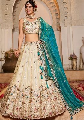 Teal Blue Beads And Stones Tissue Lehenga Set With Dupatta