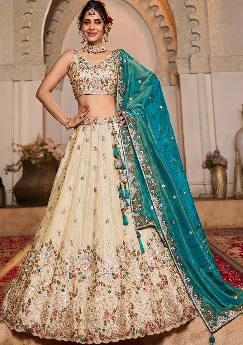 Teal Blue Beads And Stones Tissue Lehenga Set With Dupatta