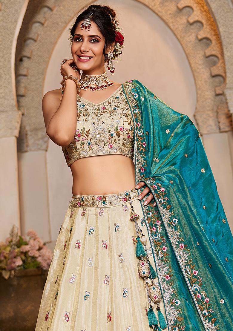 Teal Blue Beads And Stones Tissue Lehenga Set With Dupatta