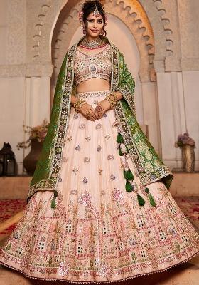Peach Mirror Work Tissue Lehenga Set With Dupatta