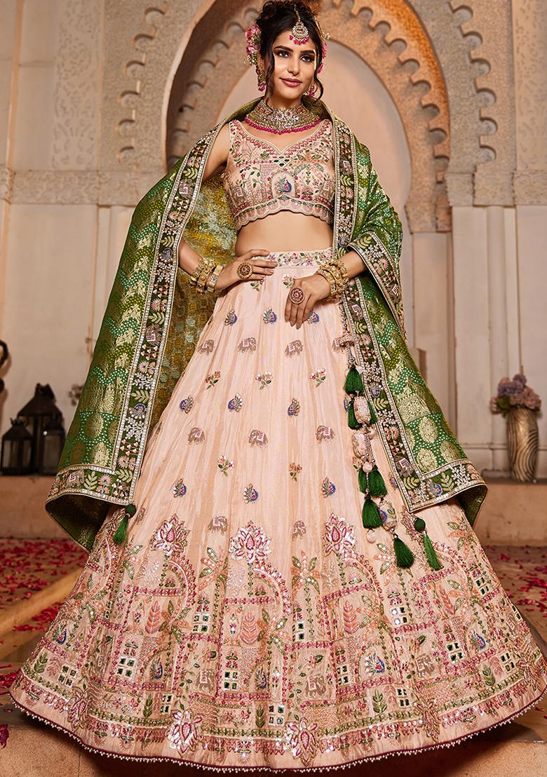 Peach Mirror Work Tissue Lehenga Set With Dupatta