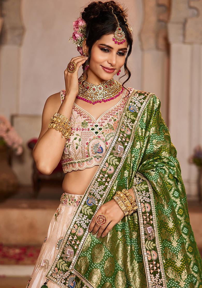 Peach Mirror Work Tissue Lehenga Set With Dupatta