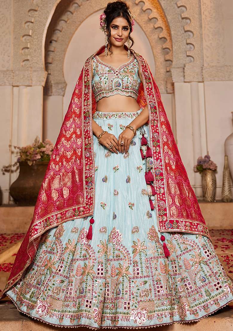 Blue Mirror Work Tissue Lehenga Set With Dupatta - Indya