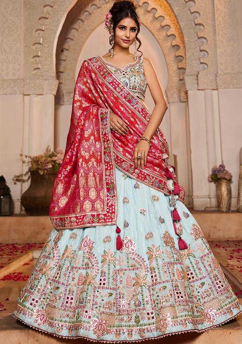 Blue Mirror Work Tissue Lehenga Set With Dupatta
