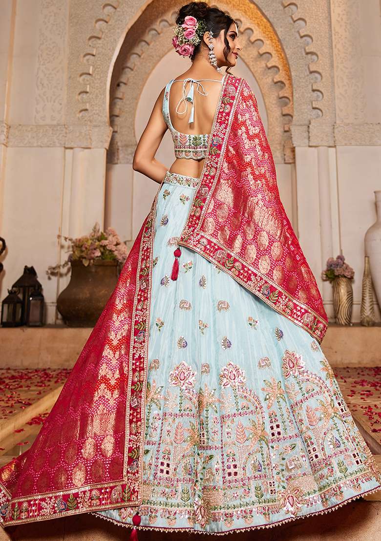 Blue Mirror Work Tissue Lehenga Set With Dupatta - Indya