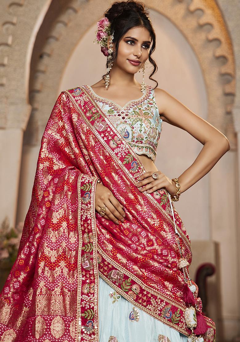 Blue Mirror Work Tissue Lehenga Set With Dupatta