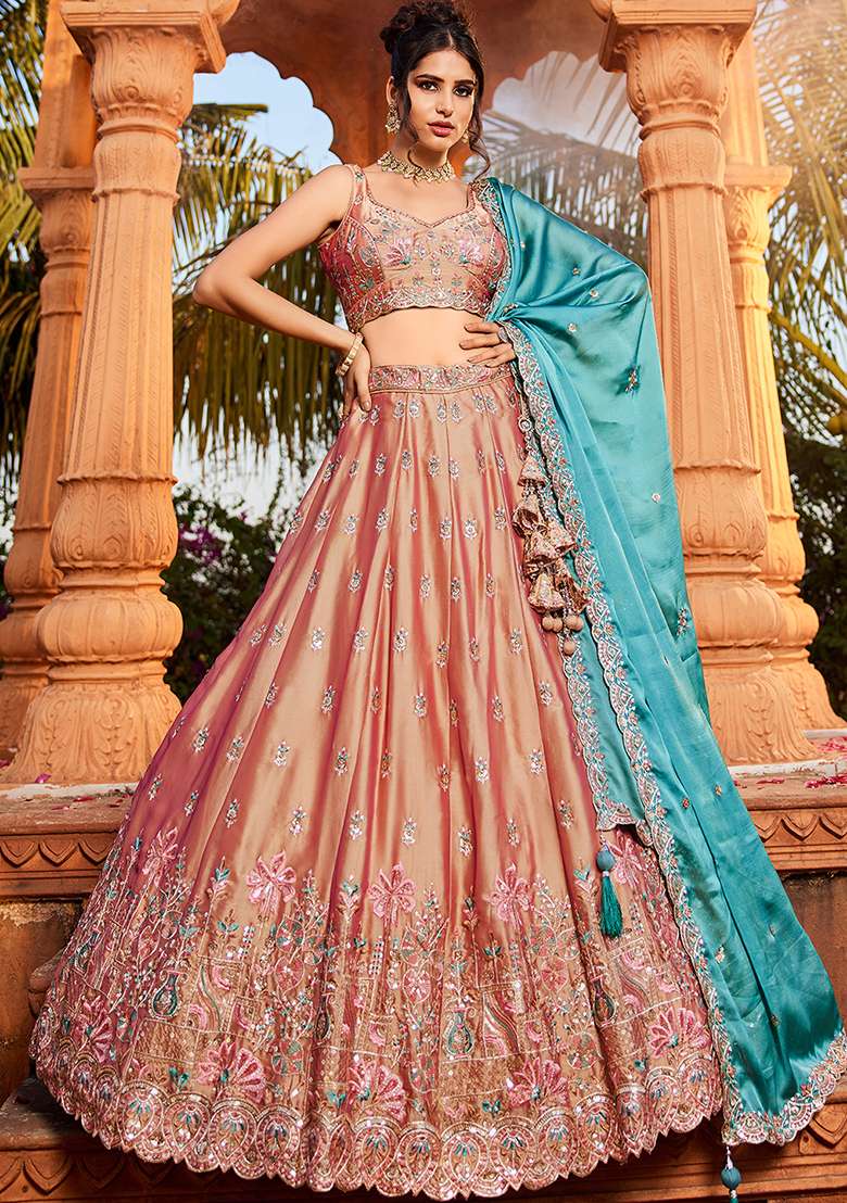 Nude Beige Seqqunce Work Georgette Lehenga Set With Dupatta - Indya