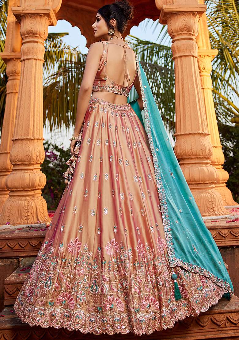 Nude Beige Seqqunce Work Georgette Lehenga Set With Dupatta - Indya