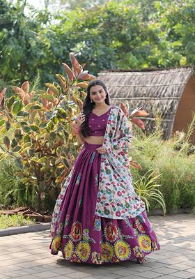 Wine Printed Silk Lehenga Set