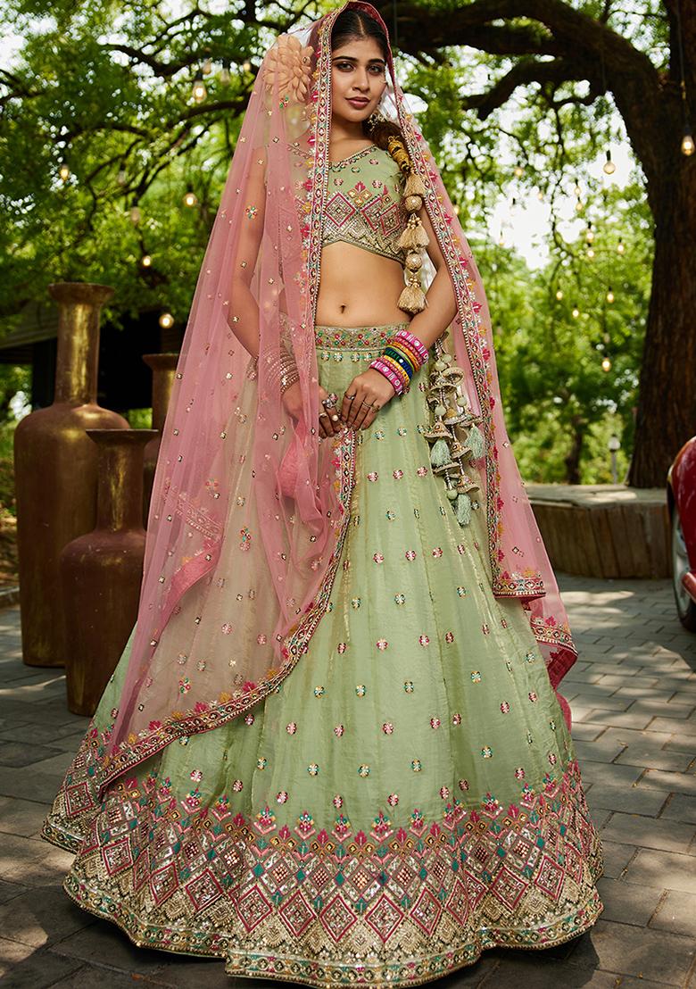 Lime Green Seqqunce Work Tissue Lehenga Set With Dupatta