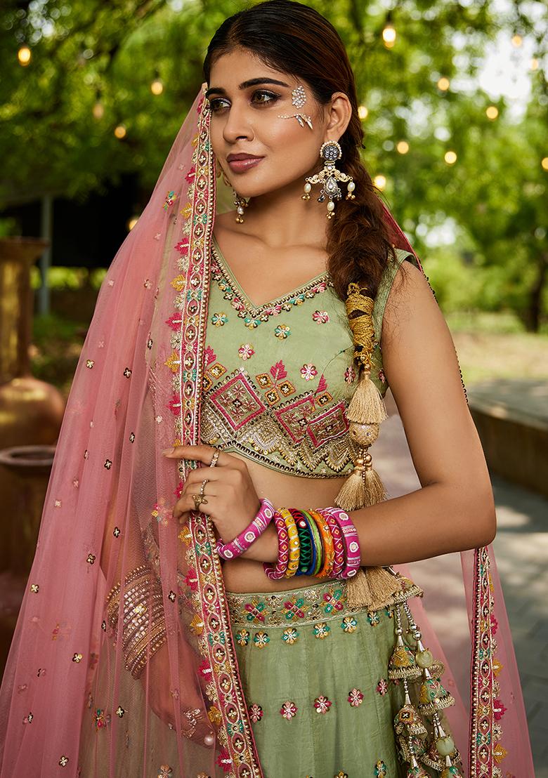 Lime Green Seqqunce Work Tissue Lehenga Set With Dupatta