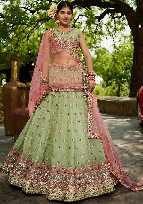 Lime Green Seqqunce Work Tissue Lehenga Set With Dupatta