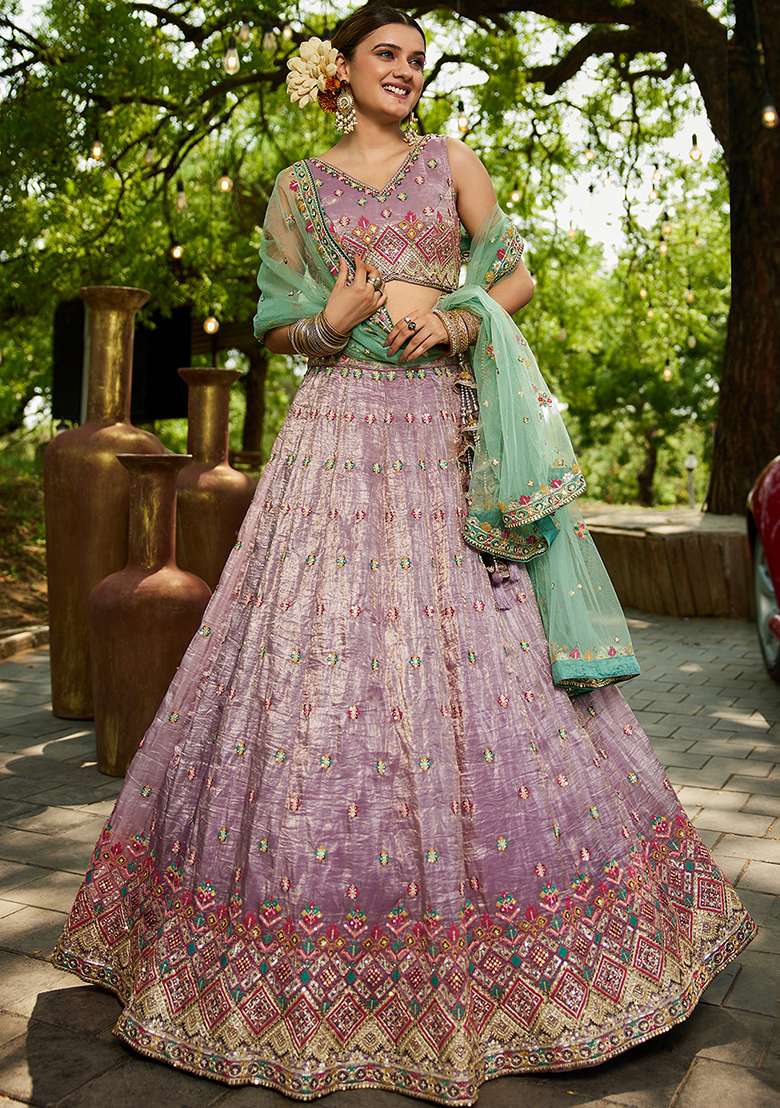 Lavender Seqqunce Work Tissue Lehenga Set With Dupatta - Indya
