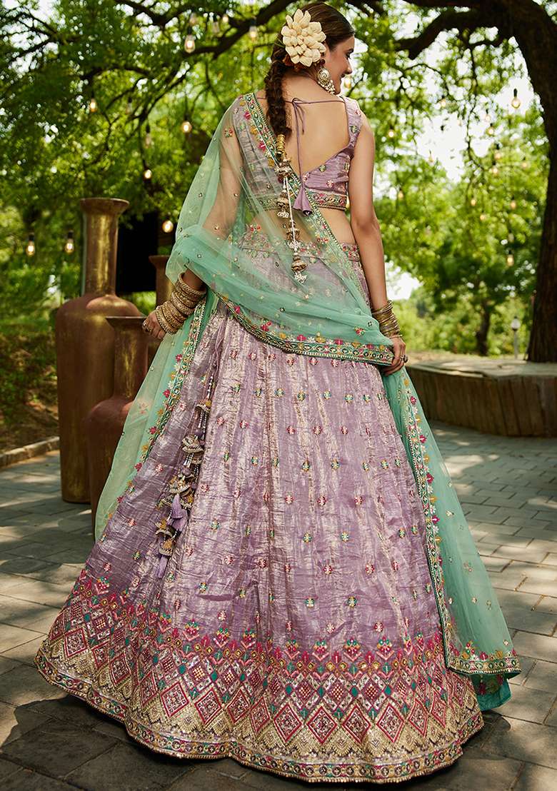 Lavender Seqqunce Work Tissue Lehenga Set With Dupatta - Indya