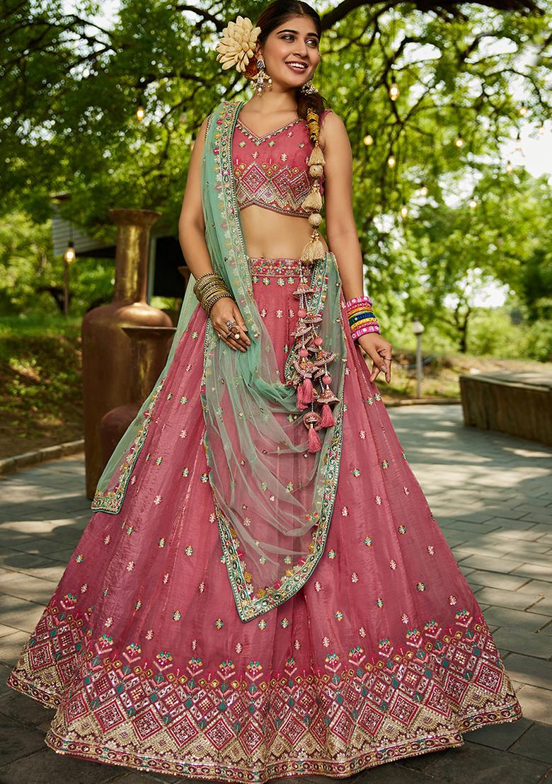 Pink Seqqunce Work Tissue Lehenga Set With Dupatta