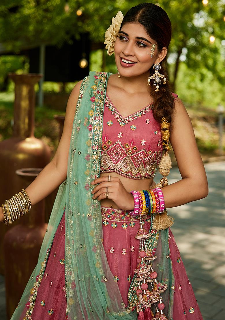 Pink Seqqunce Work Tissue Lehenga Set With Dupatta