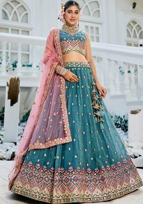 Teal Blue Seqqunce Work Tissue Lehenga Set With Dupatta