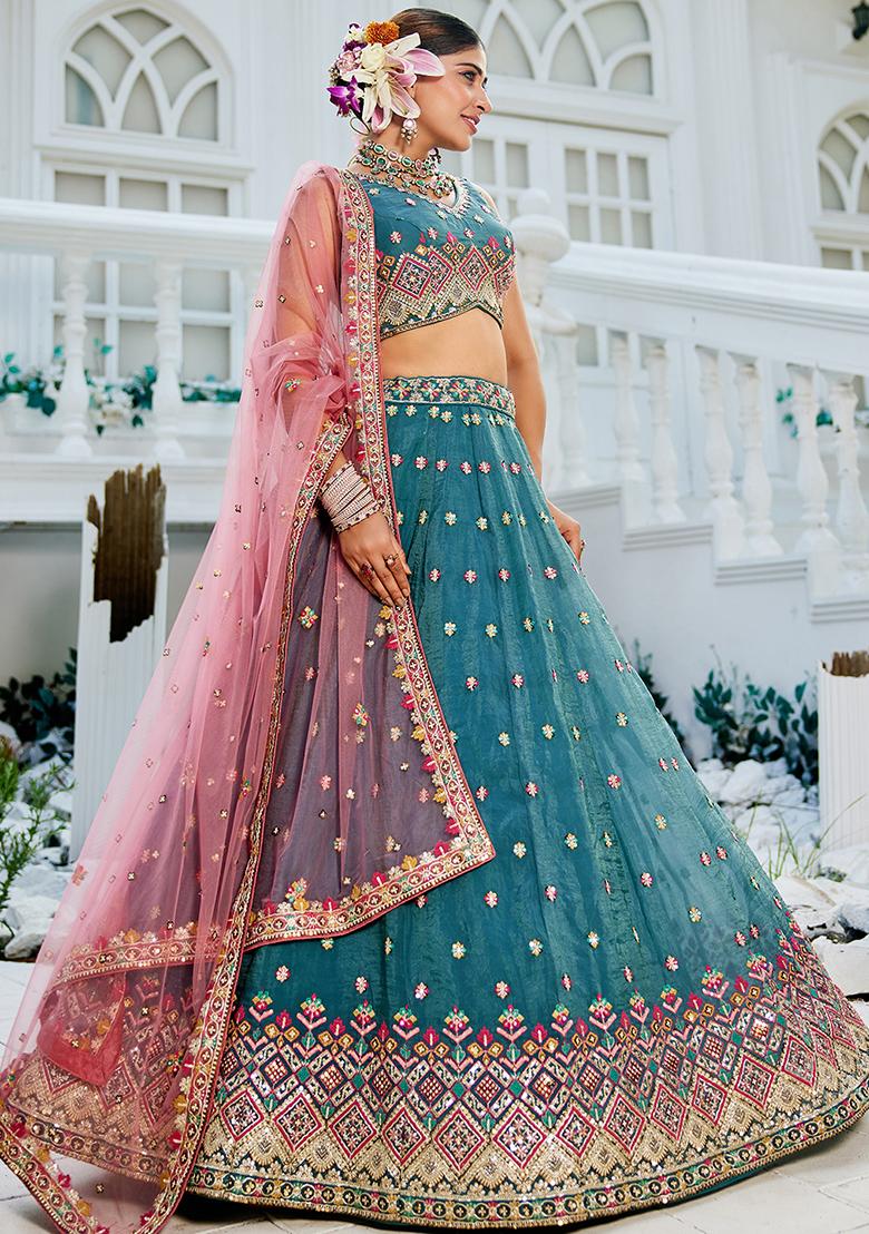 Teal Blue Seqqunce Work Tissue Lehenga Set With Dupatta