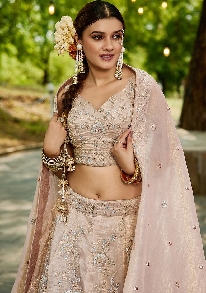 Nude Beige Seqqunce Work Tissue Lehenga Set With Dupatta