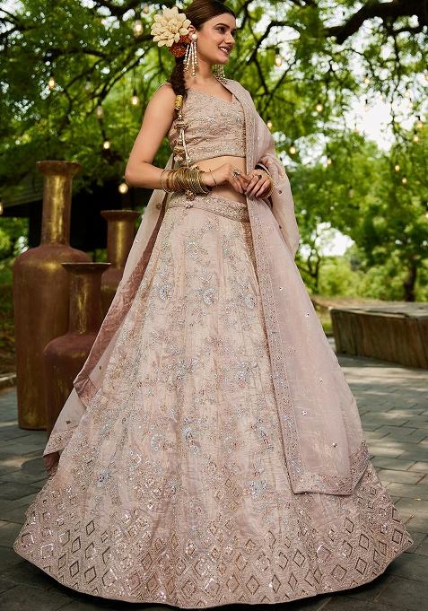 Nude Beige Seqqunce Work Tissue Lehenga Set With Dupatta