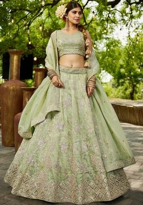 Lime Green Seqqunce Work Tissue Lehenga Set With Dupatta