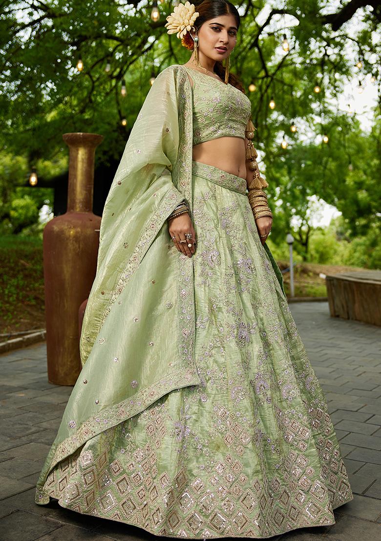 Lime Green Seqqunce Work Tissue Lehenga Set With Dupatta