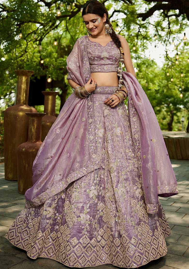 Lavender Seqqunce Work Tissue Lehenga Set With Dupatta - Indya