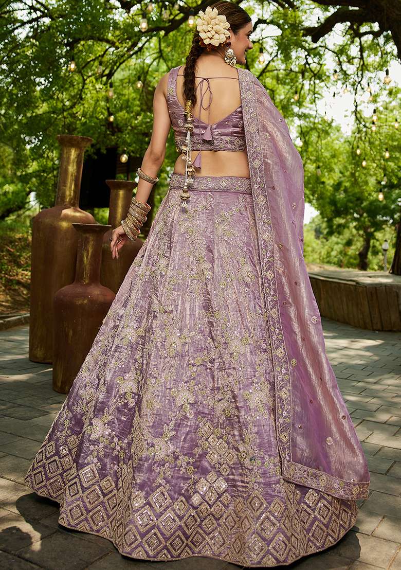 Lavender Seqqunce Work Tissue Lehenga Set With Dupatta - Indya