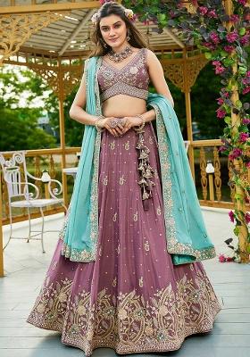 Rose Gold Seqqunce Work Poly Chiffon Lehenga Set With Dupatta