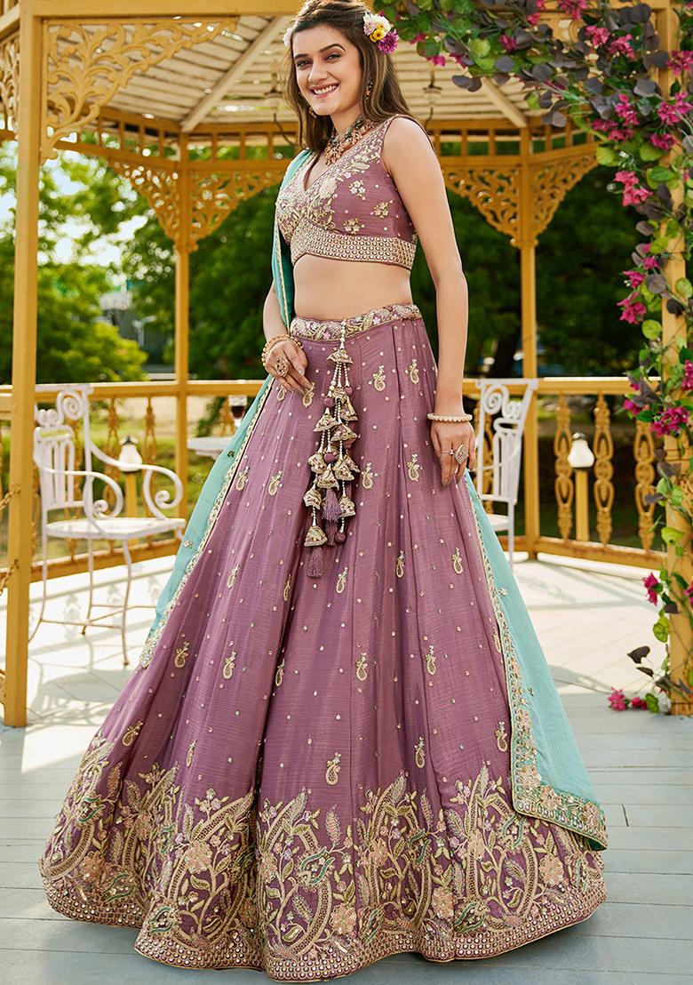 Rose Gold Seqqunce Work Poly Chiffon Lehenga Set With Dupatta