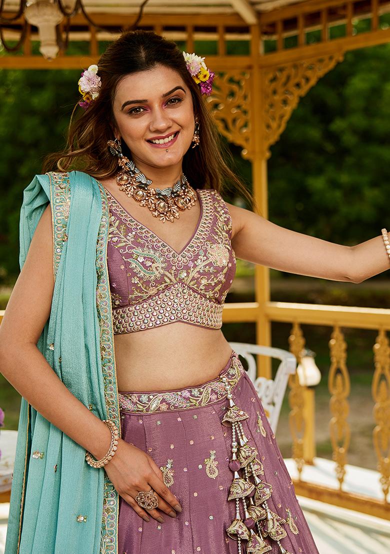 Rose Gold Seqqunce Work Poly Chiffon Lehenga Set With Dupatta