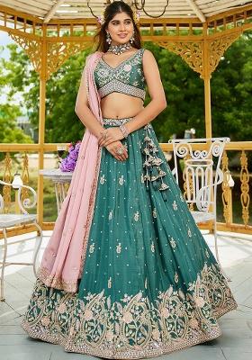 Teal Blue Seqqunce Work Poly Chiffon Lehenga Set With Dupatta