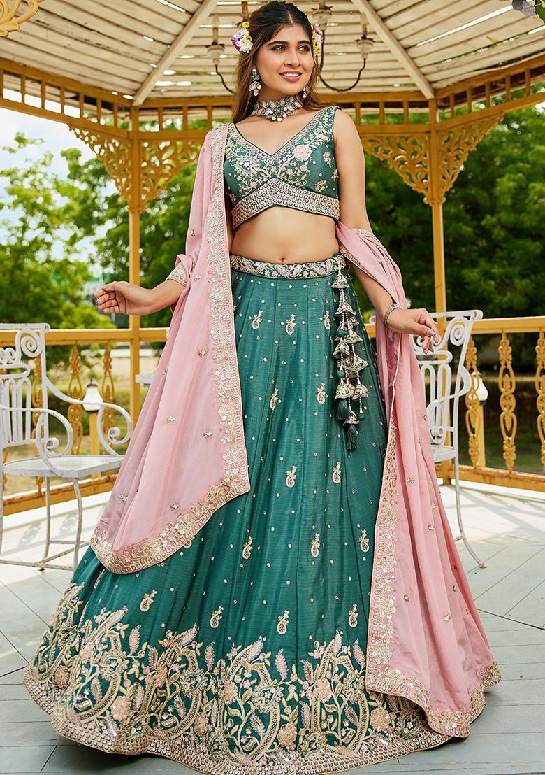 Teal Blue Seqqunce Work Poly Chiffon Lehenga Set With Dupatta