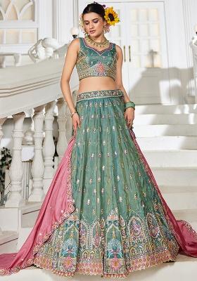 Sea Green Seqqunce Work Tissue Lehenga Set With Dupatta