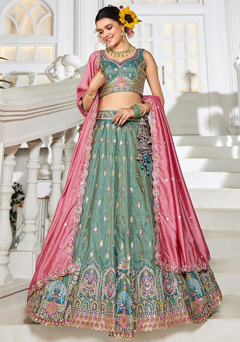 Sea Green Seqqunce Work Tissue Lehenga Set With Dupatta