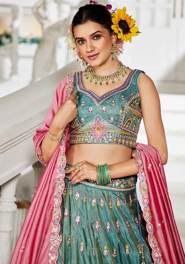 Sea Green Seqqunce Work Tissue Lehenga Set With Dupatta