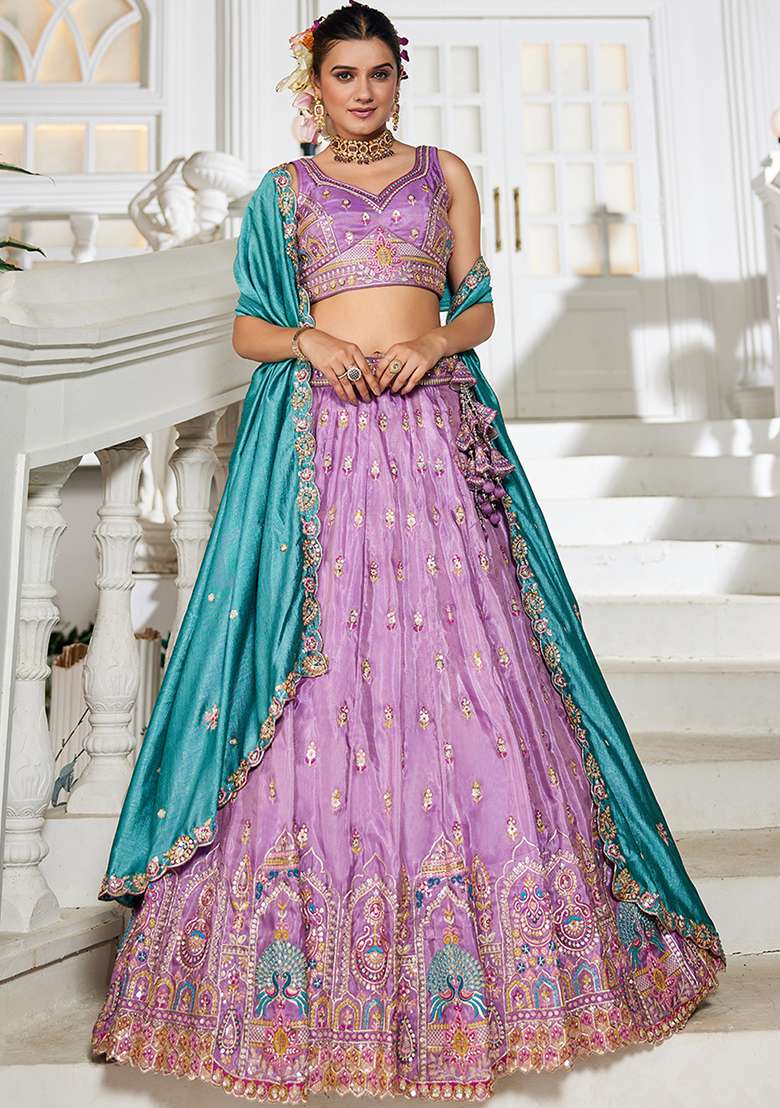 Lavender Seqqunce Work Tissue Lehenga Set With Dupatta - Indya