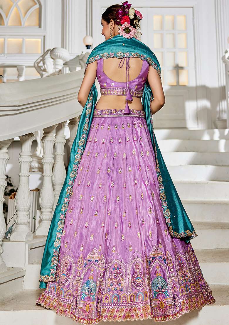 Lavender Seqqunce Work Tissue Lehenga Set With Dupatta - Indya