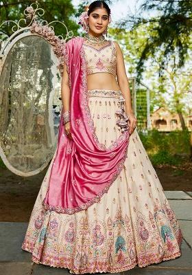 Cream Seqqunce Work Tissue Lehenga Set With Dupatta