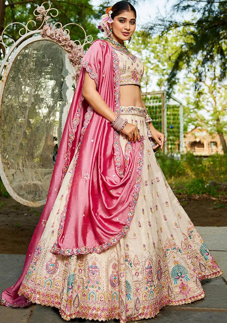 Cream Seqqunce Work Tissue Lehenga Set With Dupatta