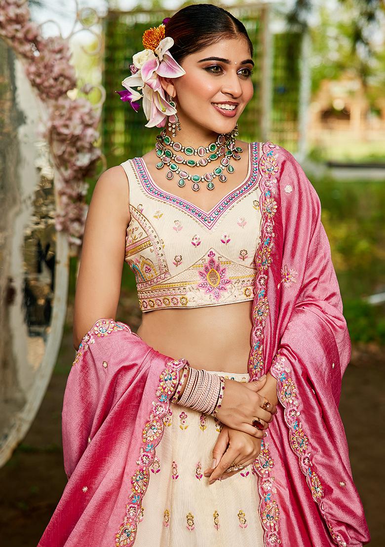 Cream Seqqunce Work Tissue Lehenga Set With Dupatta