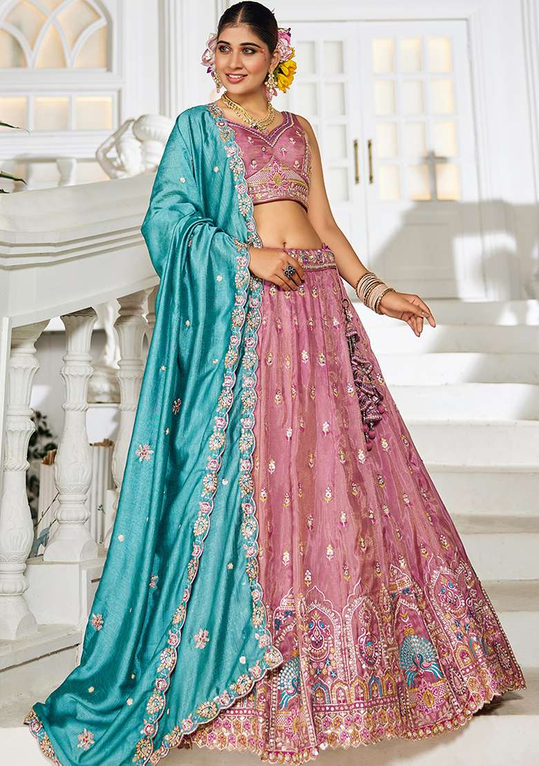 Pink Seqqunce Work Tissue Lehenga Set With Dupatta - Indya